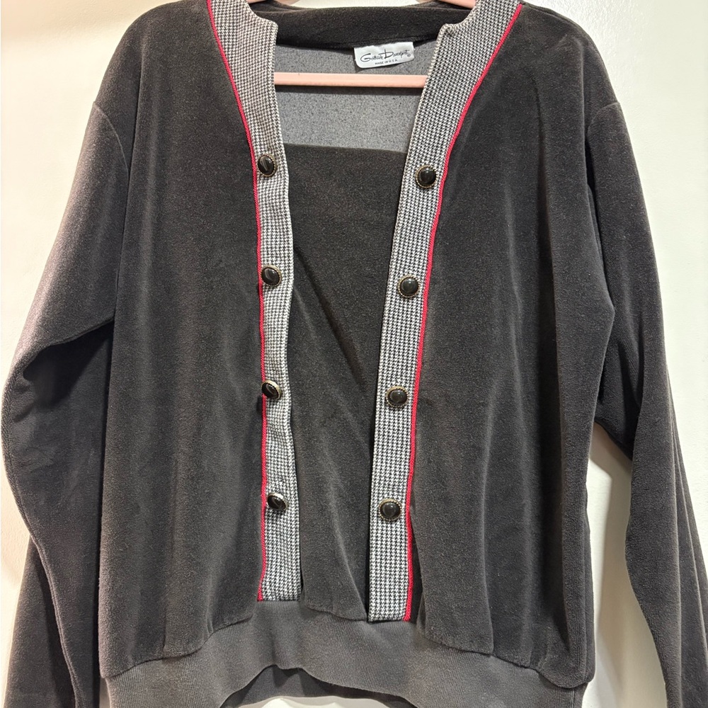 Vintage Gray Cardigan Sweater with Red Trim